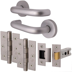Return To Door Lever on Rose Handle Hinges & Latch Kit – Satin Aluminium - 76mm Hinges - 76mm Latch - tradefit
