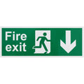 Fire Exit Sign Arrow Man DOWN 400x150mm Self Adh Semi Rigid PVC
