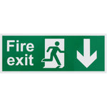 Fire Exit Sign Arrow Man DOWN 400x150mm Self Adh Semi Rigid PVC - tradefit - 1