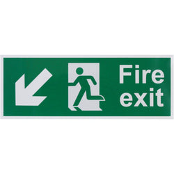 Fire Exit Sign Arrow Man Down Left 400x150mm Self Adh Semi Rigid PVC - tradefit
