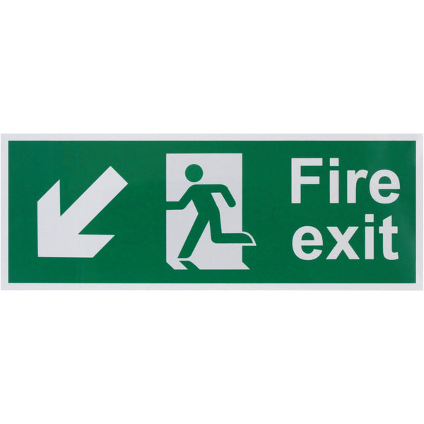 Fire Exit Sign Arrow Man Down Left 400x150mm Self Adh Semi Rigid PVC - tradefit - Featured Image