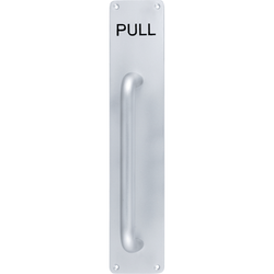Pull Handle On PULL Engraved Plate 300x19mm Pull on 375x75x3mm Plate - SAA Satin Aluminium - tradefit