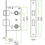 Mortice Bathroom Lock Radius Faceplate - 64mm Case / 44mm Backset - PVD Brass - tradefit - 3