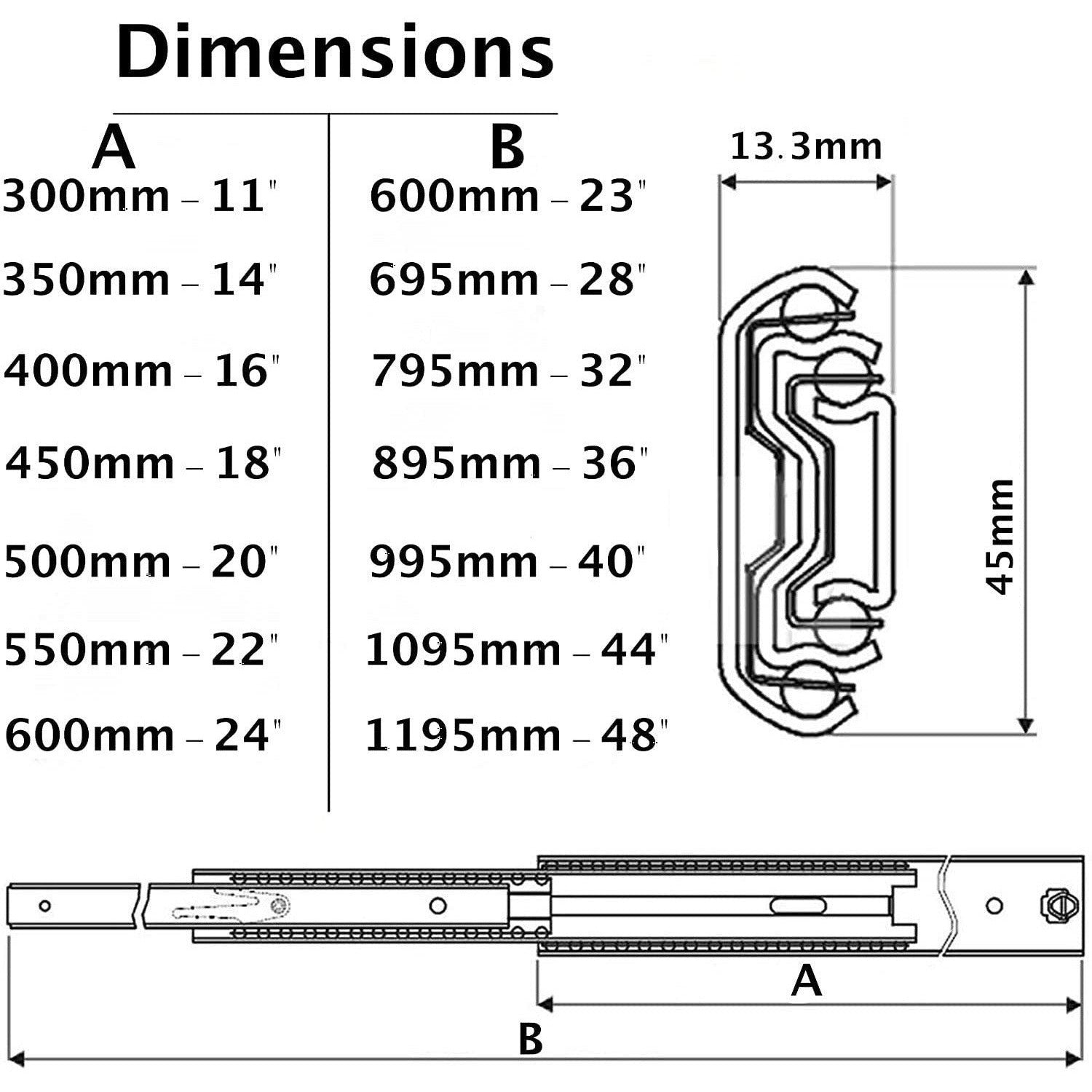 Metal Ball Bearing Drawer Runner Full Extension Zinc 450mm x 45mm