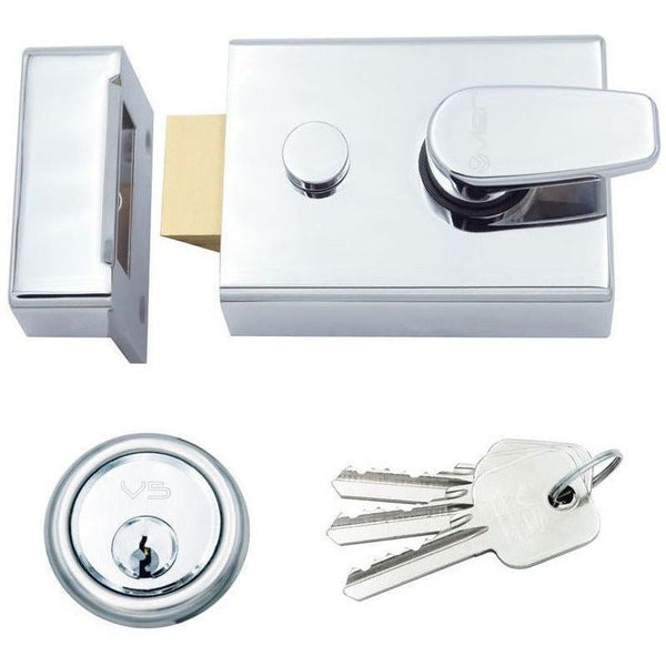 Nightlatch & Cylinder Non - Deadlocking - 60mm Backset 92x70x27mm Case - Polished Chrome / Chrome Cylinder - tradefit - Featured Image