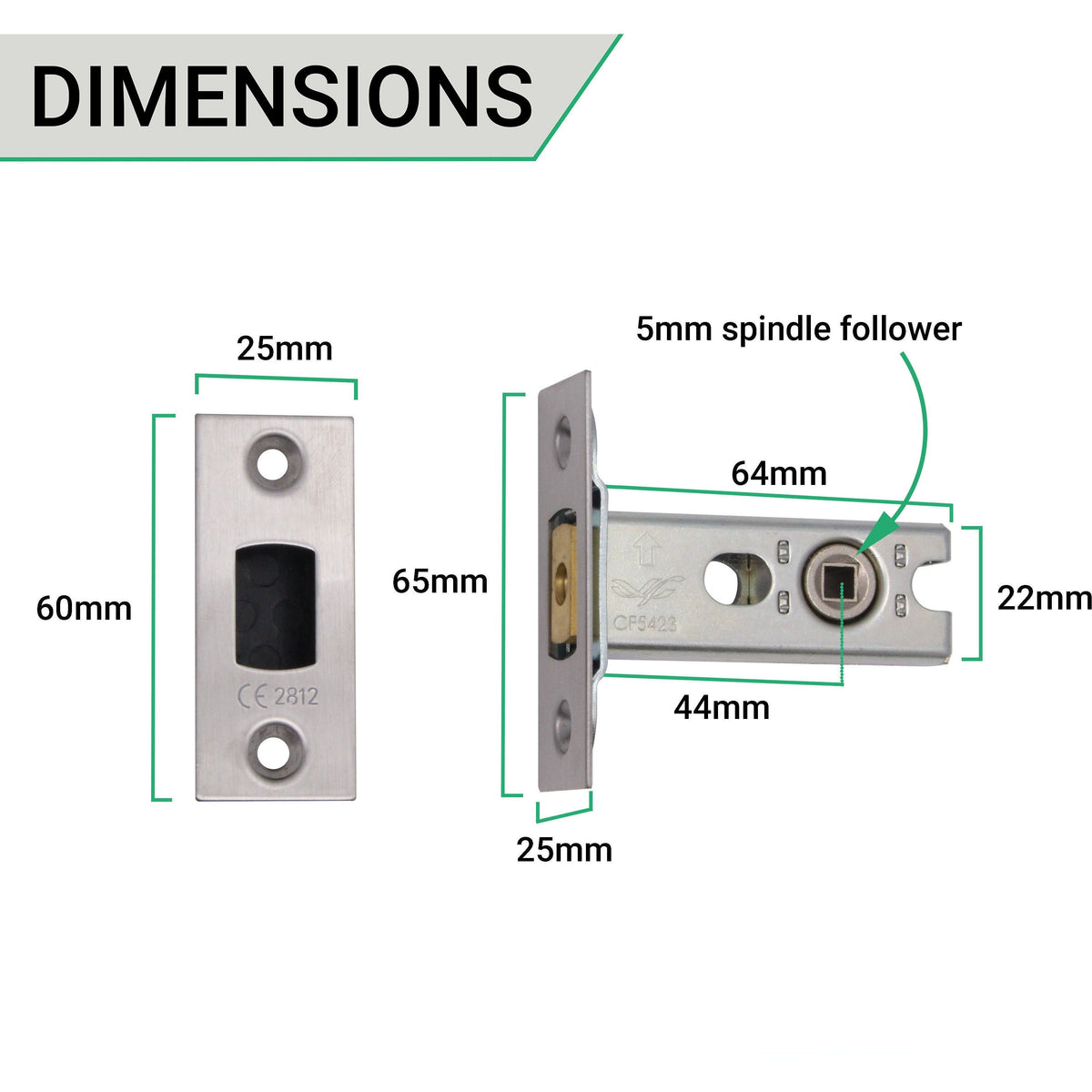 2.5 inch/64mm Tubular Bathroom Deadbolt Kit - 44mm Backset - Satin Stainless - tradefit