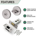 2.5 inch/64mm Tubular Bathroom Deadbolt Kit - 44mm Backset - Satin Stainless - tradefit