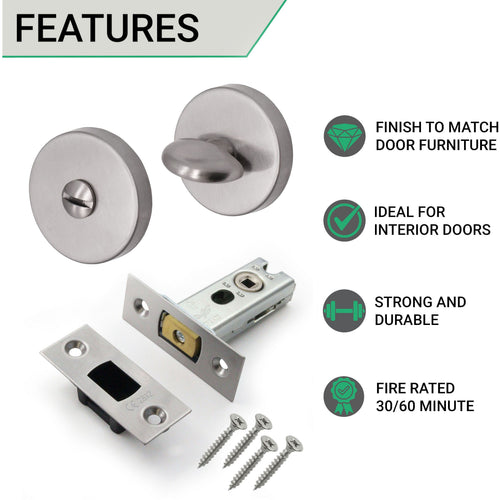 3 inch/76mm Tubular Bathroom Deadbolt Kit - 57mm Backset - Satin Stainless - tradefit