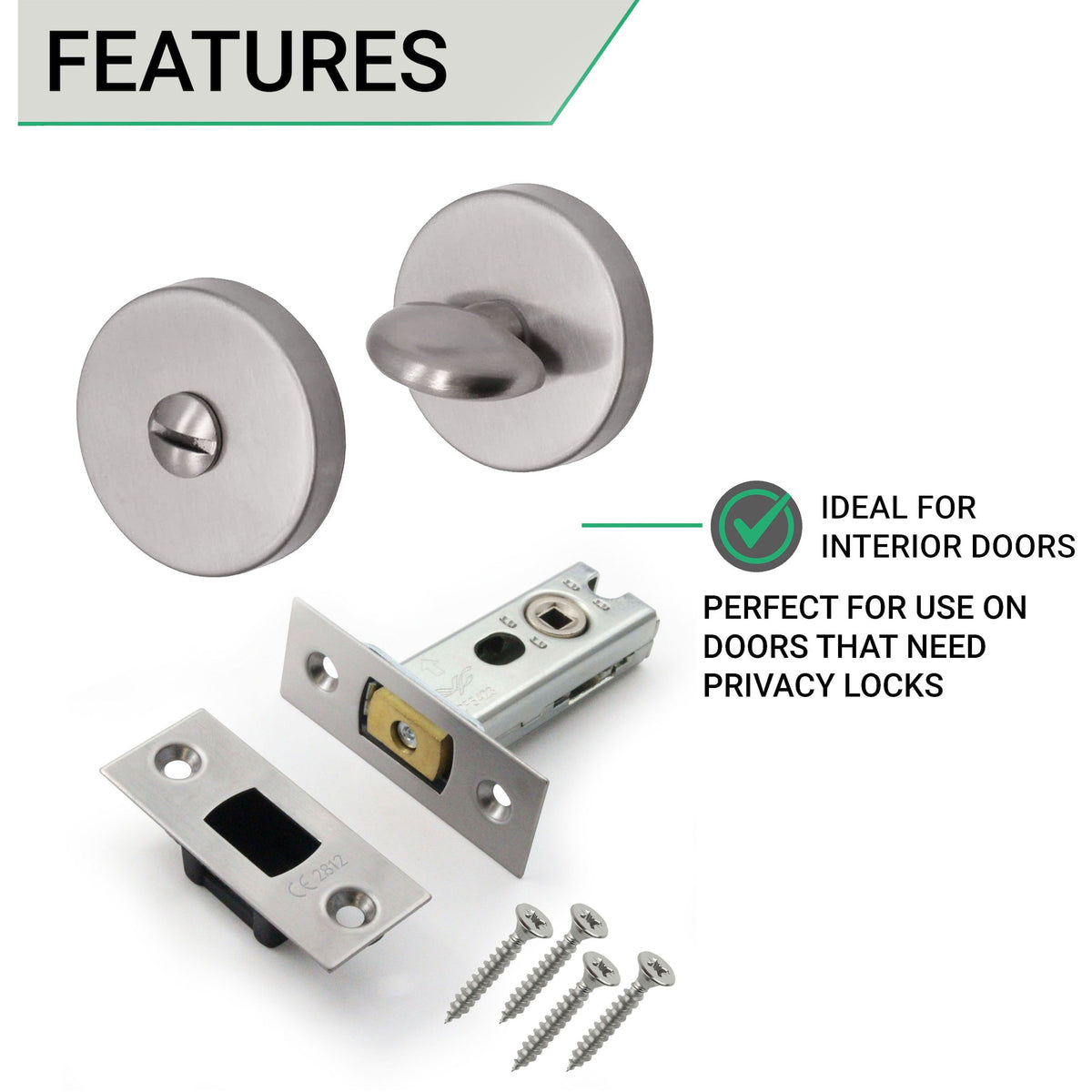 2.5 inch/64mm Tubular Bathroom Deadbolt Kit - 44mm Backset - Satin Stainless - tradefit