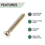 Spare Hinge Screws Pack 100 Pozi Wood Screw Countersunk - 4.0x25mm - Satin Nickel Plated - tradefit - 2