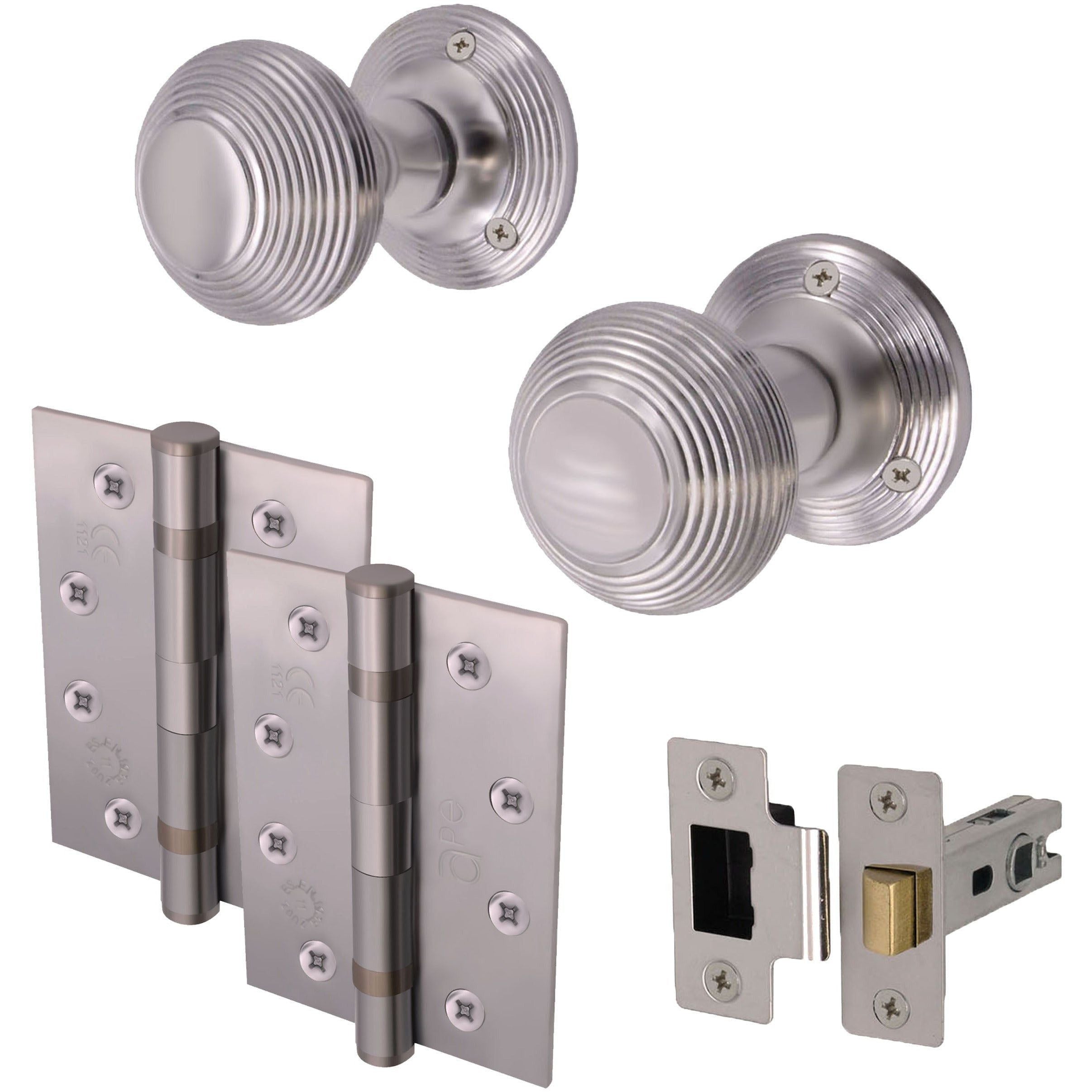 Beehive Reeded Door Knob Latch Kit Satin Chrome Knob 55mm Latch