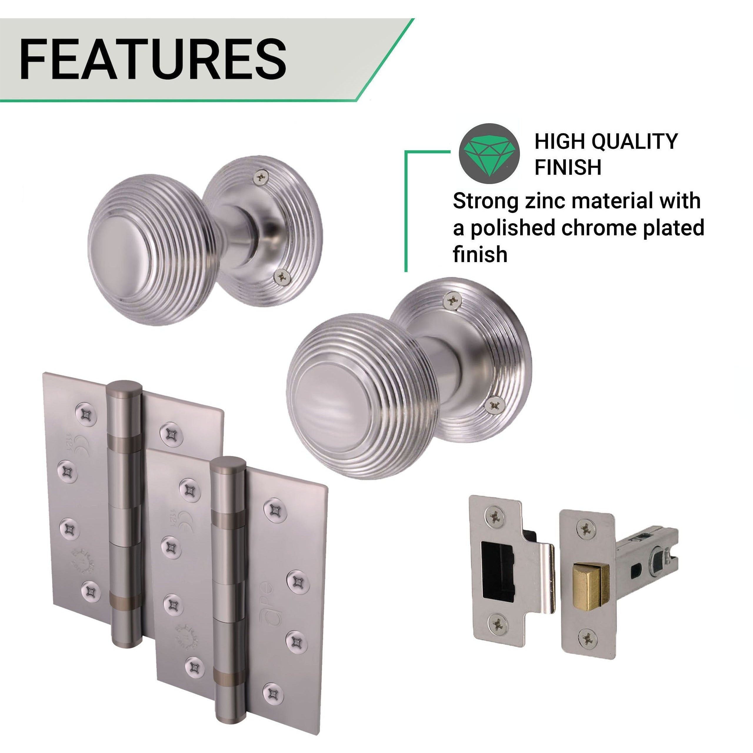Beehive Reeded Door Knob Latch Kit Satin Chrome Knob 55mm Latch