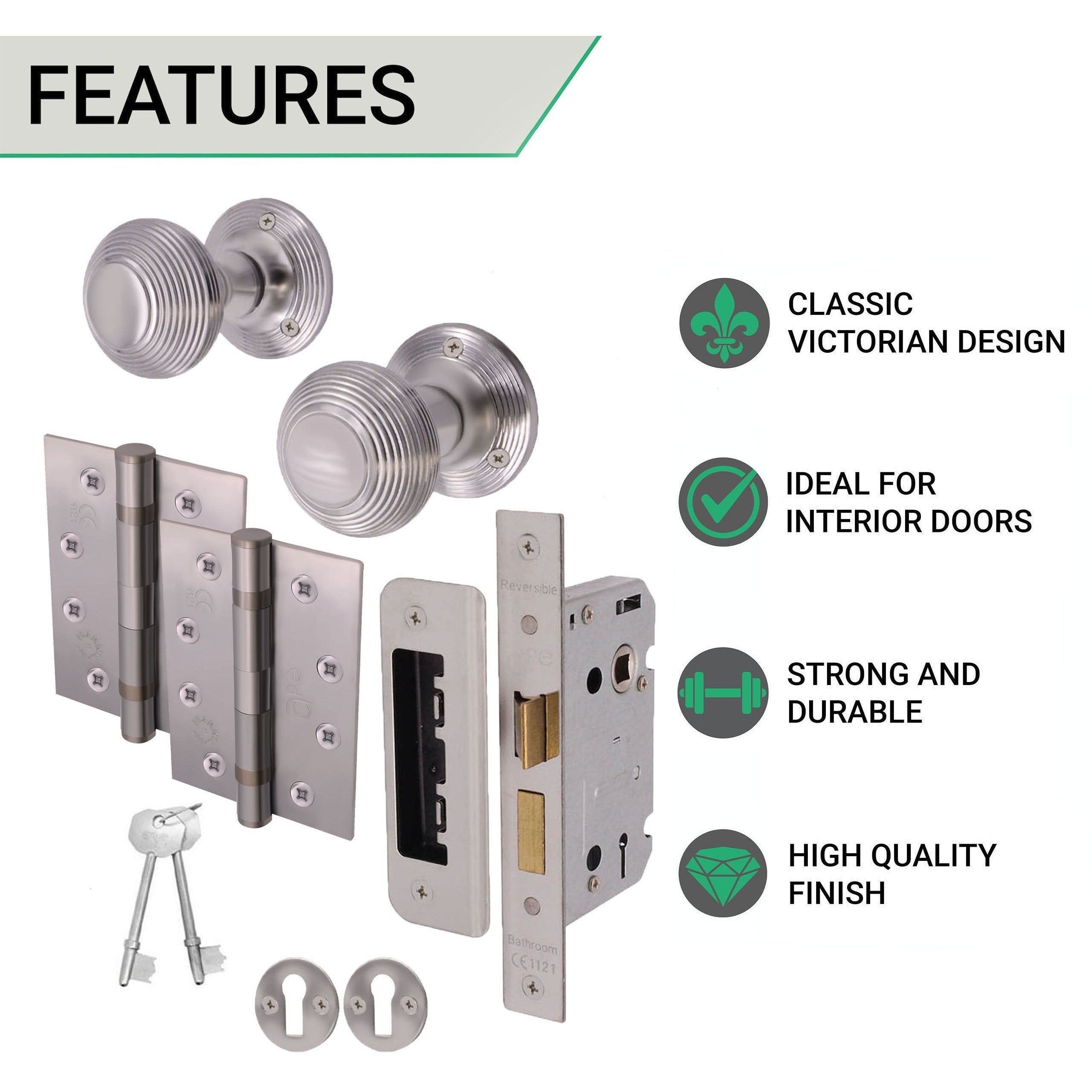 Beehive Reeded Door Knob Lock Kit Satin Chrome Knob 55mm Lock