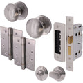 Victorian Satin Chrome Mortice Door Knob Kit - 80mm Bathroom Lock - 102mm Hinges