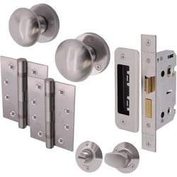 Victorian Satin Chrome Mortice Door Knob Kit - 80mm Bathroom Lock - 102mm Hinges - tradefit
