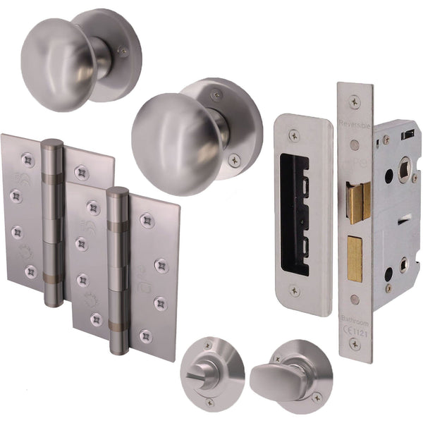 Victorian Satin Chrome Mortice Door Knob Kit - 80mm Bathroom Lock - 102mm Hinges - tradefit - Featured Image