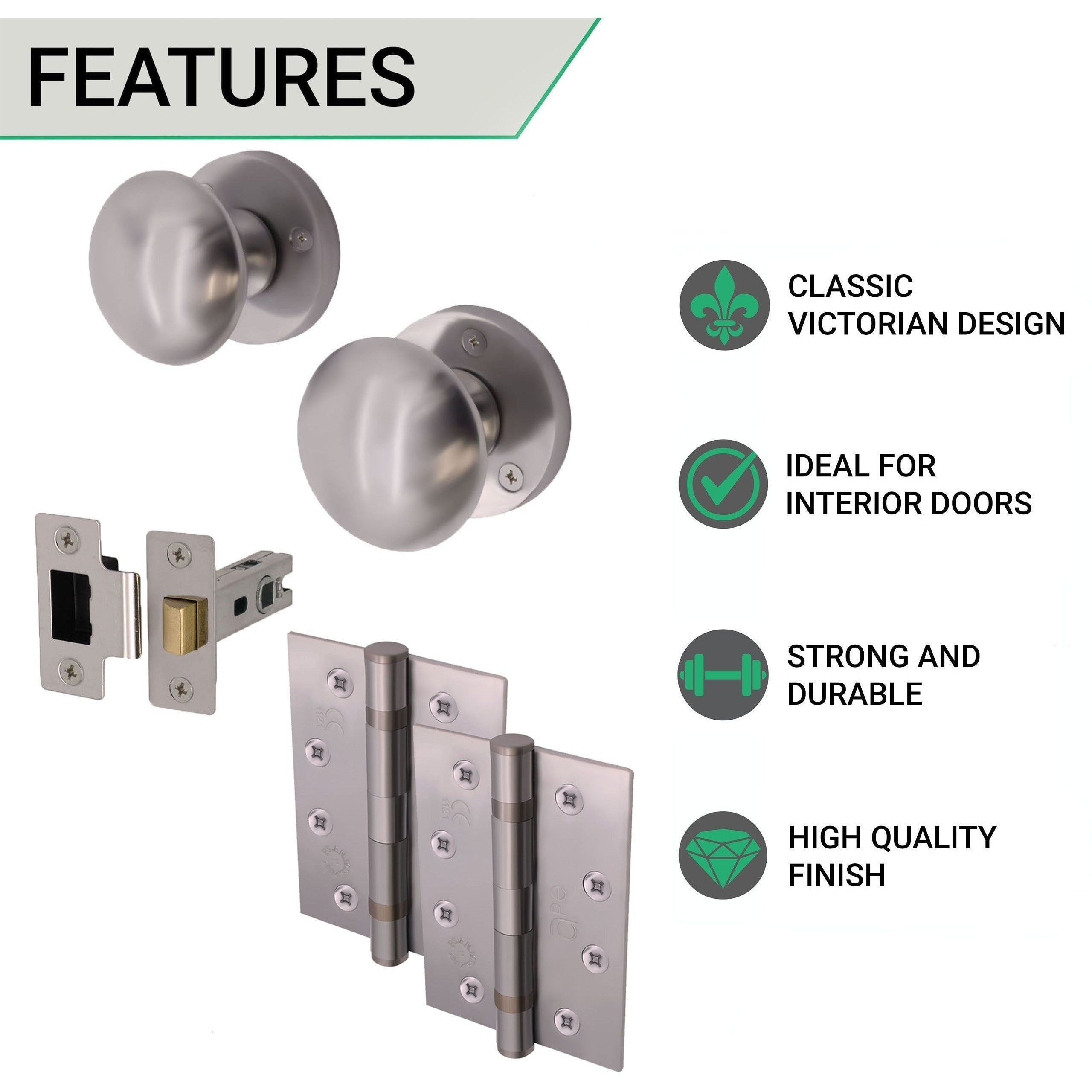 Round Latch Door Knob Kit Satin Chrome Knob 55mm Latch 76mm