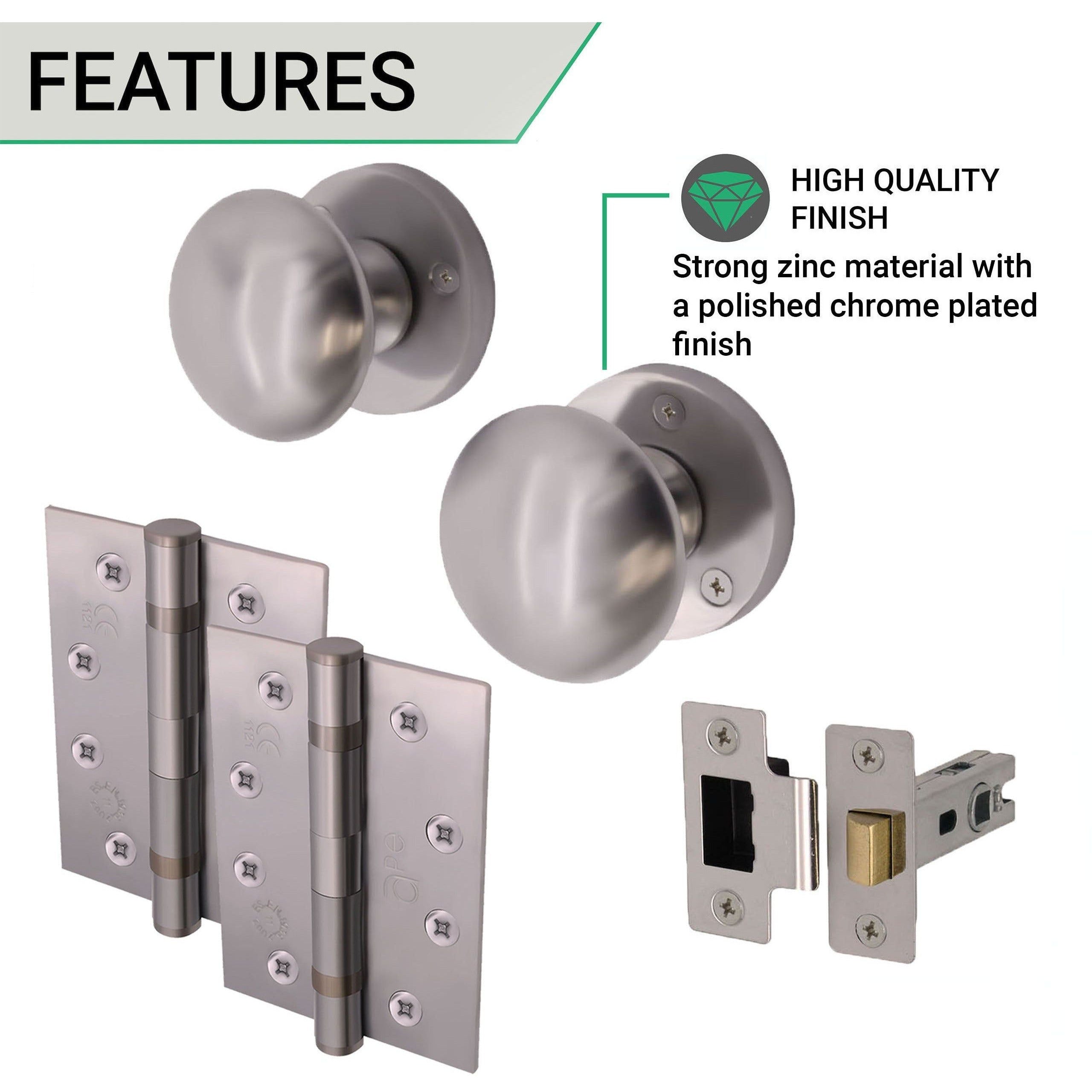 Round Latch Door Knob Kit Satin Chrome Knob 55mm Latch 76mm
