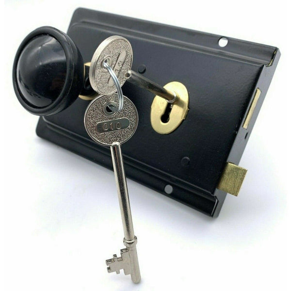 Traditional Black Retro Rim Sash Lock + Plastic Door Knob Kit Latch Cottage Door - tradefit - Featured Image