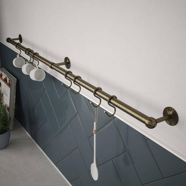 Kitchen Tool Holder Utensil Hanging Rack Storage Rail Kit 8 Hooks & Fixings 600x19mm Antique Brass - tradefit - Featured Image