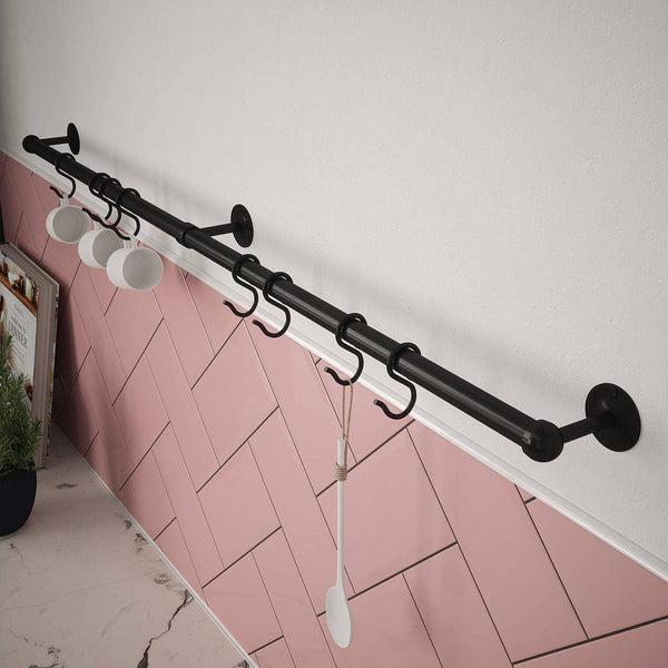 Kitchen Tool Holder Utensil Hanging Rack Storage Rail Kit 8 Hooks & Fixings 1000x19mm Matt Black - tradefit - Featured Image