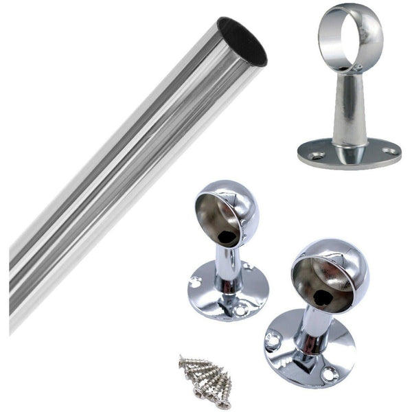 Wardrobe Rail Kit - 25mm Tube - 2400mm Rail with 2x End Brackets & 1x Centre Brackets - Polished Chrome - tradefit - Featured Image