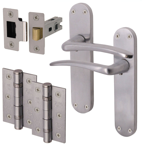 Satin Lever on Backplate Latch Kit / Pack Zeno Design - 66mm Latch - 76mm Hinges - Satin Chrome - tradefit - Featured Image