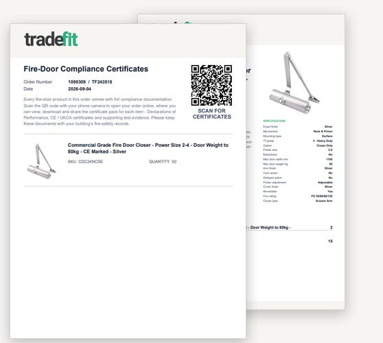 Example compliance pack: the certificate cover sheet and the product specification page